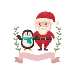 santa claus with penguin on white background