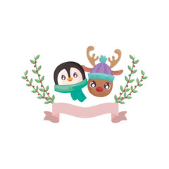 head of penguin and reindeer with wreath on white background
