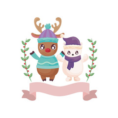 cute reindeer and polar bear with wreath on white background