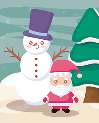 santa claus and snowman with winter landscape in the background