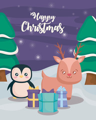 happy christmas label with penguin and reindeer on winter landscape