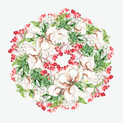 Beautiful watercolor Christmas wreath with  cotton and snowberry, rosehip. 