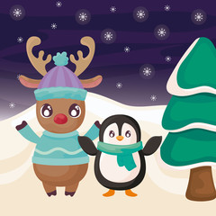 penguin and reindeer on winter landscape