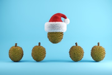 Durians with Santa Hat floating on blue background , Christmas Fruit concept ideas, 3D illustration.