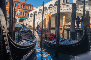 Gondolas by the canal in Venice. Italy