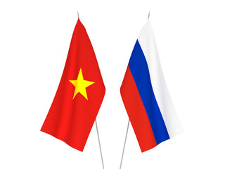 National fabric flags of Russia and Vietnam isolated on white background. 3d rendering illustration.