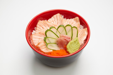 Salmon don, Japanese rice bowl topped with burn salmon slices.
