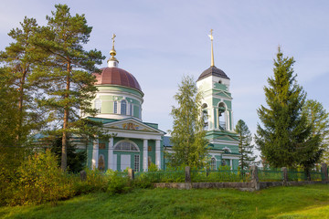 Fototapeta na wymiar View of the old Church of the Holy Apostles Peter and Paul on a sunny September morning. Somino, Leningrad region. Russia
