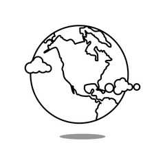 Icon of earth. Globe icon with clouds. Outline thin line. Isolated on white background. 