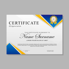 Modern certificate template design with blue, yellow and white color, suitable for business certificate or sport certificate