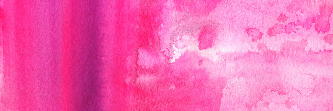 Abstract watercolor background. Girly pink craiola background. Spray and drops of spread wet paint. Gradient shades magenta and purple fuchsia. Saturated bright color. Hand-drawn on texture paper