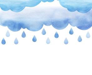 Overcast and rain. Blue rainy clouds. Background cutout cumulus clouds with paper texture. Large raindrops. Layers of clouds. Watercolor fill. Page border template. Isolated on a white background