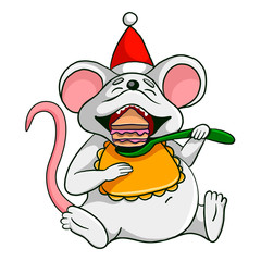 cute fat mouse in Santa cap eats a big spoon piece of cake
