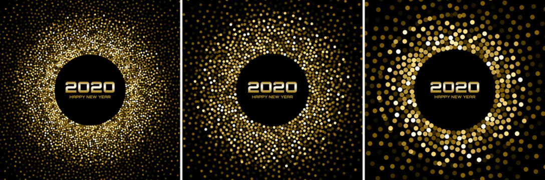 New Year 2020 night background party set. Greeting cards. Gold glitter paper confetti. Glistening golden festive lights. Glowing circle frame happy new year wishes. Christmas gold collection. Vector