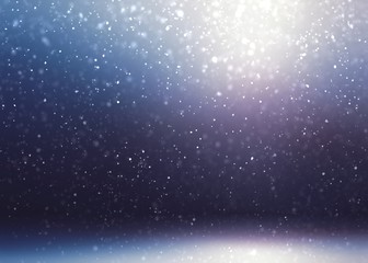 Snow falling in dark room 3d illustration. Black blue violet transition. Bright shine and deep shades defocus background. Mystery winter interior.