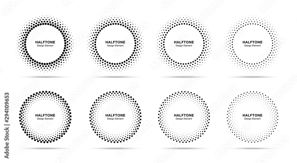 Sticker halftone vector circular dotted frames set. circle dots isolated on the white background. logo desig
