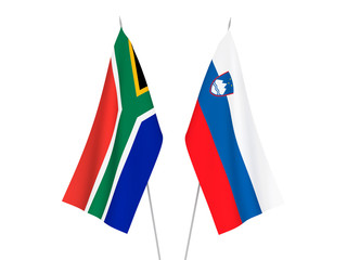 National fabric flags of Slovenia and Republic of South Africa isolated on white background. 3d rendering illustration.