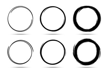 Hand drawn circles sketch frame set. Scribble line circle. Doodle circular Round logo design elements drawn by brush. Vector abstract art collection.