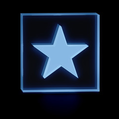 Clear transparent glass or plexiglass display with luminous five-pointed star symbol inside on dark background, 3D rendered image