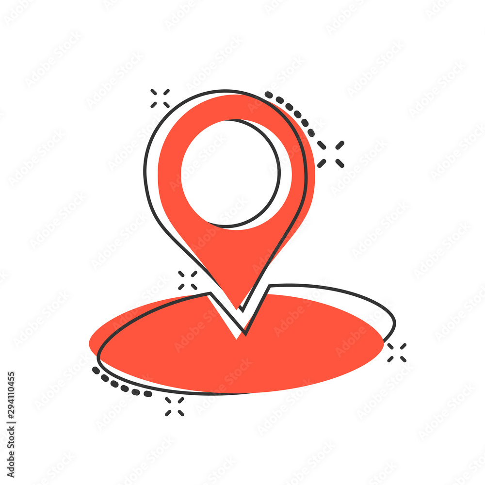 Poster vector cartoon map pointer icon in comic style. gps navigation mark illustration pictogram. pointer 