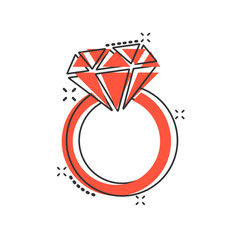 Vector cartoon engagement ring with diamond icon in comic style. Wedding jewelery ring illustration pictogram. Romance relationship business splash effect concept.