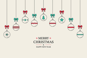 Concept of Christmas background with hanging balls and wishes. Festive ornament. Vector