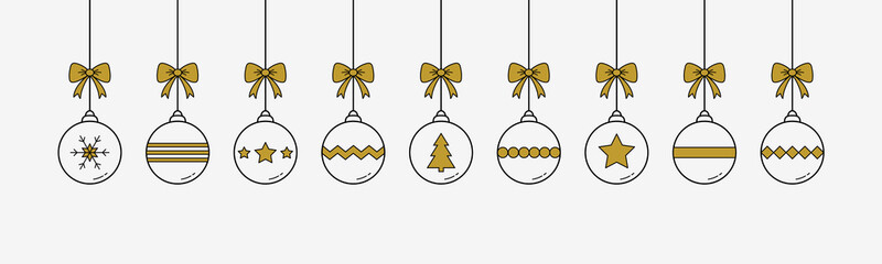 Christmas background with beautiful hanging baubles. Festive decoration. Banner. Vector