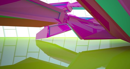 Fototapeta premium Abstract architectural white interior with color gloss gradient of a minimalist house with large windows. 3D illustration and rendering.