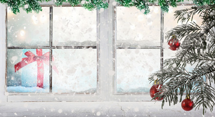 Stimmungsvolles Weihnachtsfenster mit Schneefall und Tanne