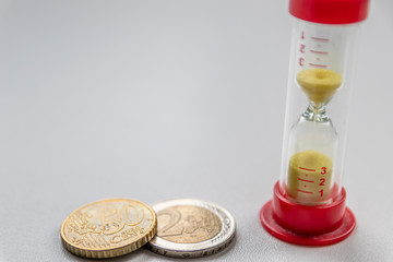 Euro-M&uuml;nzen mit Sanduhr zeigt klar: Zeit ist Geld und die Zeit l&auml;uft mit dem Geld f&uuml;r 2 EURO und 1 Euro gleicherma&szlig;en schnelllebige und kostbare Zeit
