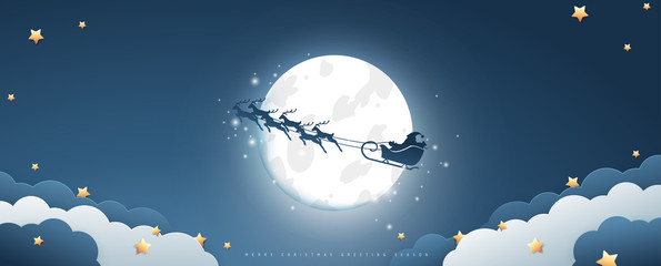 Obraz na płótnie Canvas Full moon on Christmas Day with Santa Claus flying on the sky. Vector illustration.