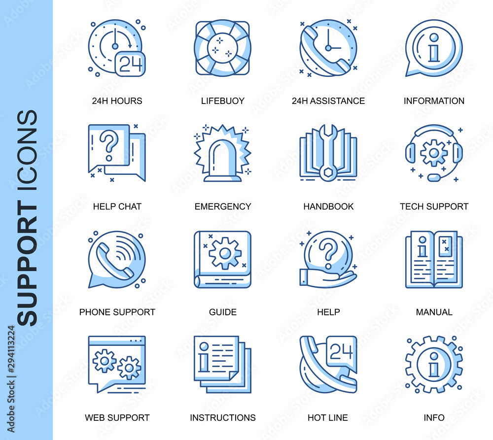 Poster Thin Line Help And Support Related Vector Icons Set for Website and Mobile Site and Apps. Outline icons design. Contains such Icons as Handbook, Help, Tech Support and more. Linear Pictogram Pack.