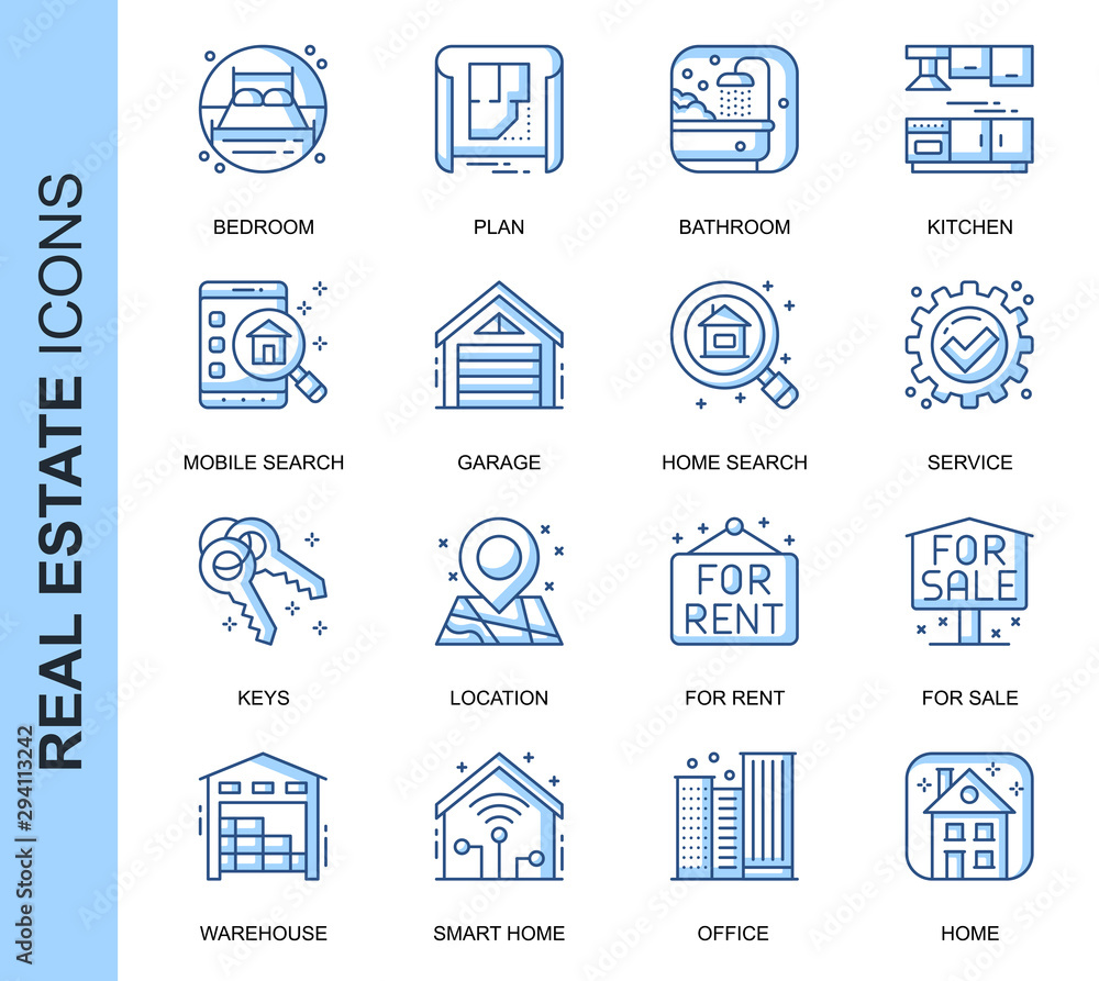 Aufkleber thin line real estate related vector icons set for website and mobile site and apps. outline icons d