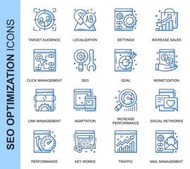 Thin Line SEO Related Vector Icons Set for Website and Mobile Site and Apps. Outline icons design. Contains such Icons as Localization, Traffic, Performance Tracking and more. Linear Pictogram Pack.