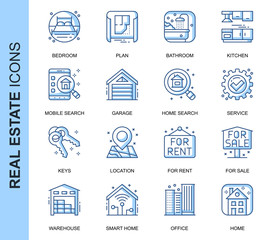 Thin Line Real Estate Related Vector Icons Set for Website and Mobile Site and Apps. Outline icons design. Contains such Icons as For Rent Sign, Office, Location and more. Linear Pictogram Pack.