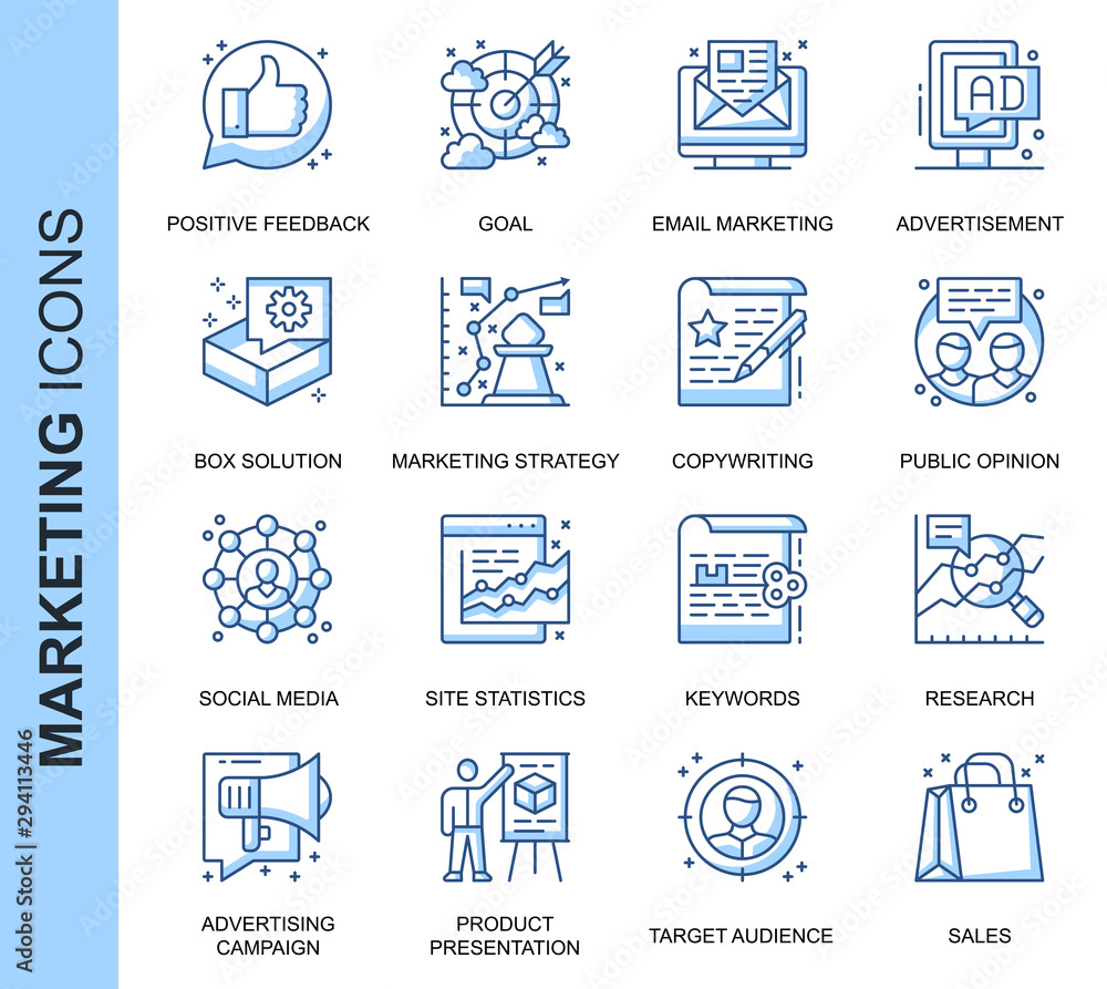 Leinwandbilder thin line marketing related vector icons set for website and mobile site and apps. outline icons des