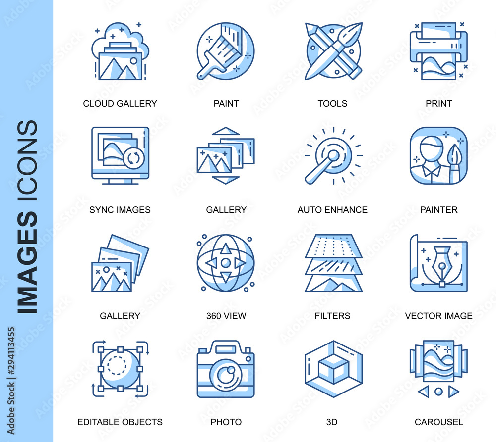 Poster Thin Line Images Related Vector Icons Set for Website and Mobile Site and Apps. Outline icons design. Contains such Icons as 360 Degree View, Cloud Gallery, Filters and more. Linear Pictogram Pack.