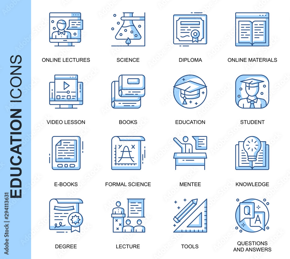 Poster Thin Line Education Related Vector Icons Set for Website and Mobile Site and Apps. Outline icons design. Contains such Icons as Online Education, Video Lesson, E-books and more. Linear Pictogram Pack.