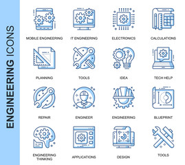 Thin Line Engineering Related Vector Icons Set for Website and Mobile Site and Apps. Outline icons design. Contains such Icons as Calculations, Engineer, App Design and more. Linear Pictogram Pack.