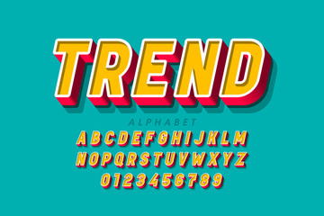 Trendy 3d style font, alphabet letters and numbers