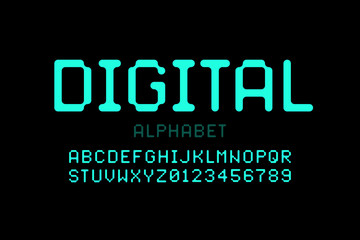Digital style font, alphabet letters and numbers