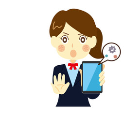 スマートフォンのウイルス対策を促す女性、女子高生
