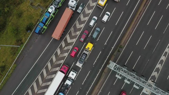 Aerial View Gridlock Traffic Jam On Highway M1 Motorway Pollution Emissions Greenhouse Gas Drone