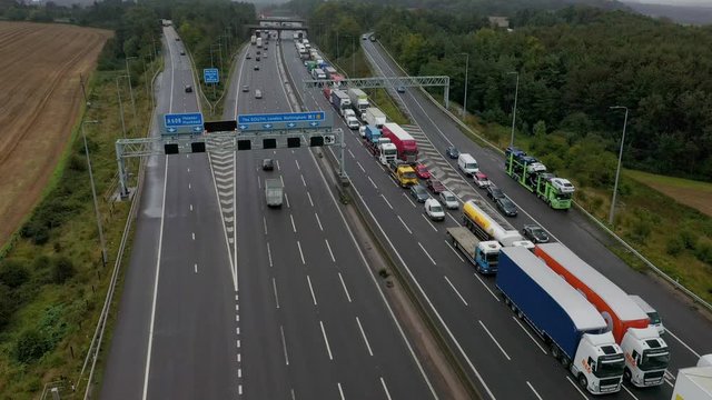 Still Aerial Shot Major Traffic Jam In Opposing Lane Highway Expressway Congestion Air Pollution Climate Change UK Europe