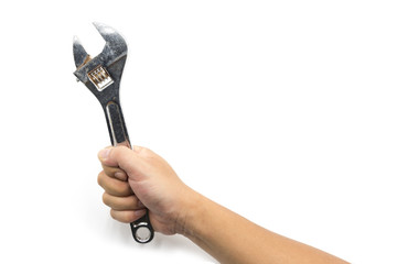Hand hold an adjustable width metal silver wrench isolated on white background