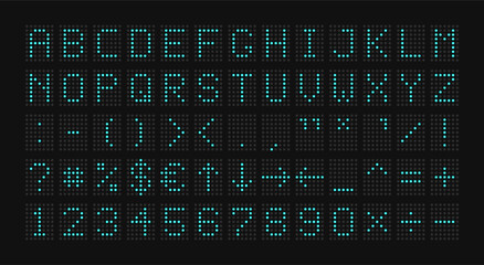 Electronic scoreboard. Alphabet with special characters. Vector illustration.