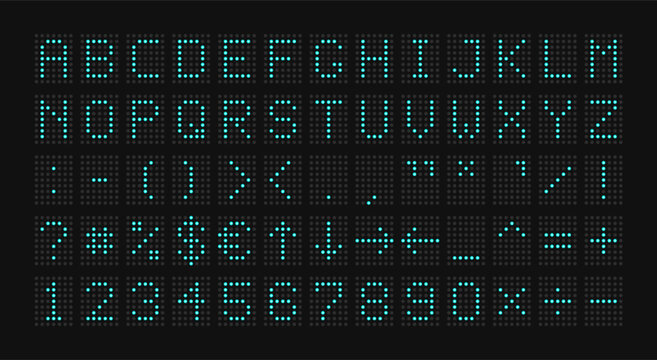 Electronic scoreboard. Alphabet with special characters. Vector illustration.