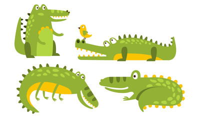 Set of cartoon green crocodiles. Vector illustration.