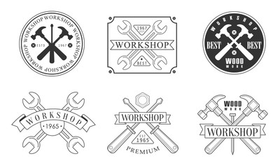 Set of black and white logos for the workshop. Vector illustration.