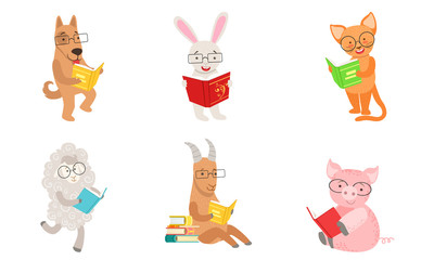 Cute humanized animals read books. Vector illustration.